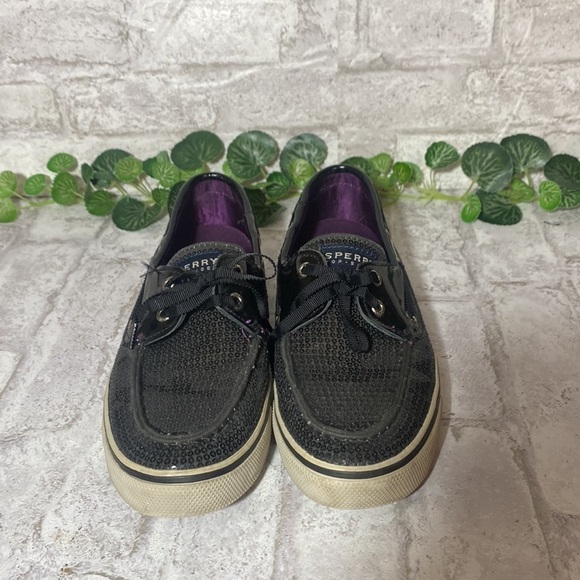 Sperry Topsider Black Sequins Shiny Black Trim‎ Purple Insole Women’s 7M - Picture 2 of 10